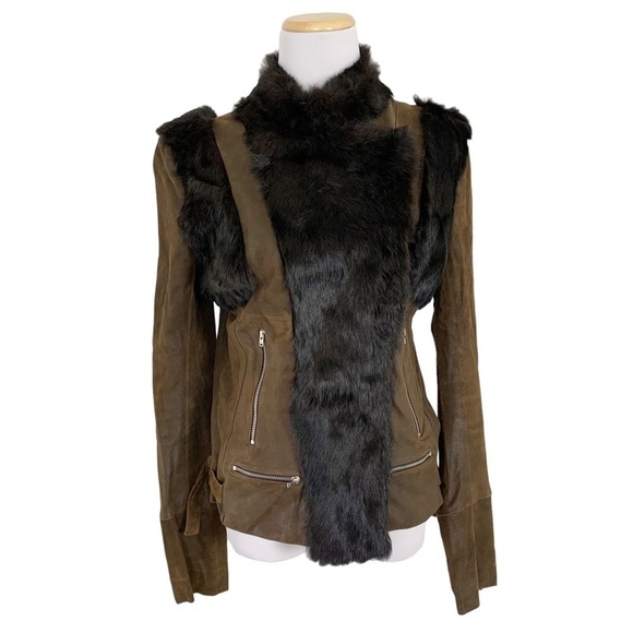 Sachin + Babi Leather Rabbit Fur Silk Jacket Brown Asymmetrical Zip - Picture 1 of 15